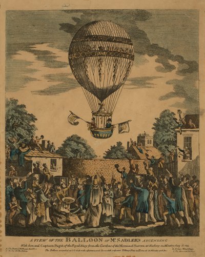 A View of the Balloon of Mr. Sadler Ascending with Him and Captain Paget of the Royal Navy from the Gardens of the Mermaid Tavern at Hackney on Monday, August 12, 1811 by English School
